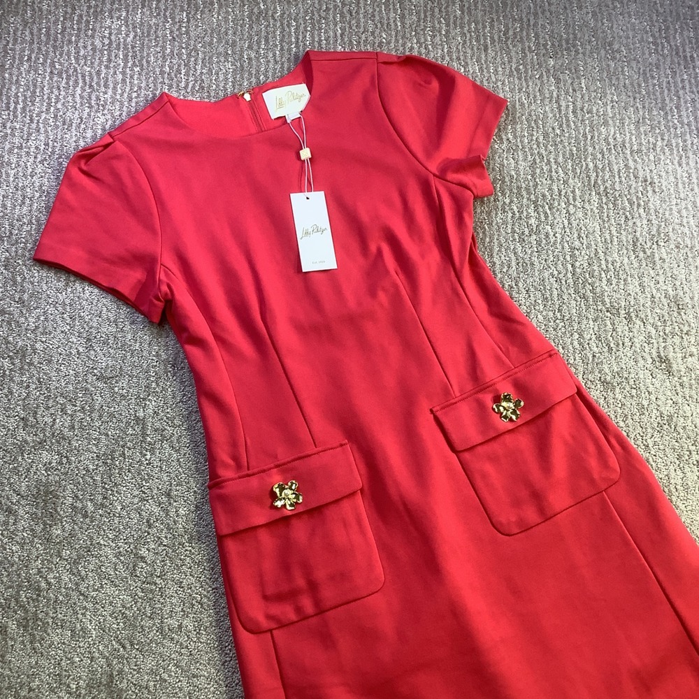 Lilly Pulitzer Fallon Dress Cherry Red Short Sleeve Shift Gold Button Size 4 NWT